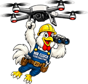 Mr. Cluck flying a drone with binoculars