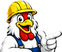 Mr. Cluck pointing at the button